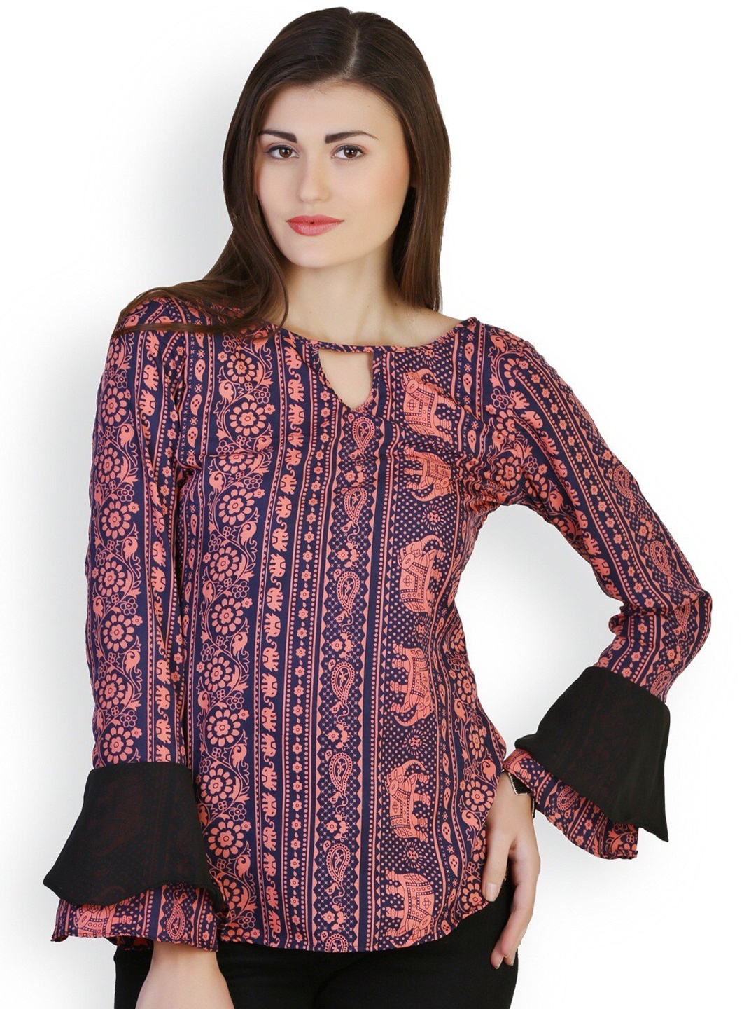 

BAESD Ethnic Motif Printed Keyhole Neck Bell Sleeves Regular Top, Navy blue