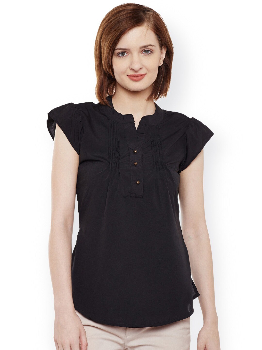 

BAESD Mandarin Collar Cap Sleeves Crepe Top, Black