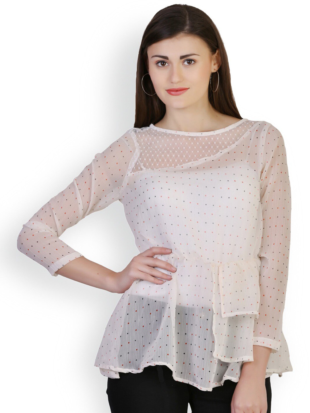 

BAESD Polka Dot Printed Layered Regular Top, White