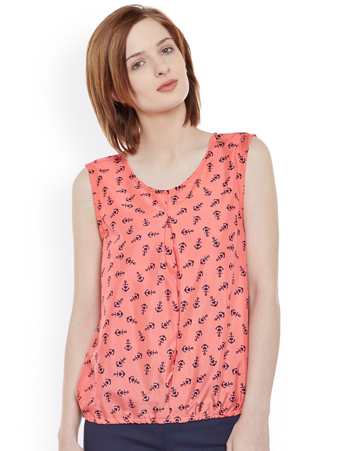 

BAESD Conversational Printed Pleated Sleeveless Regular Top, Peach