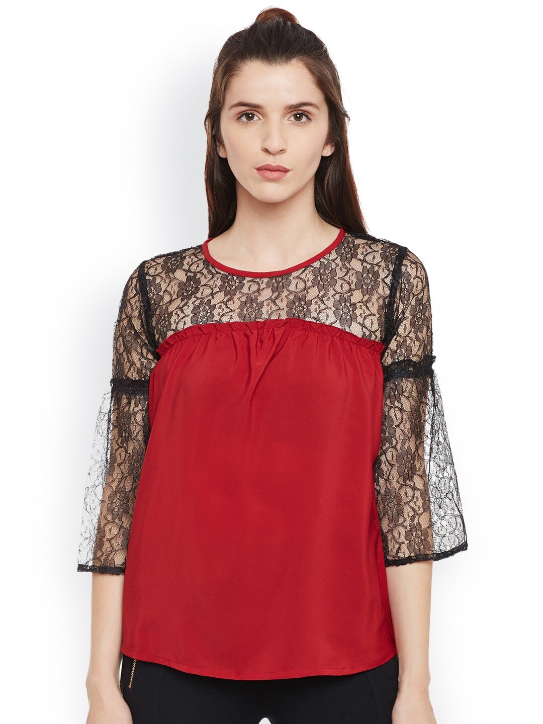 

BAESD Lace-Insert Bell Sleeves Ruffled Bell Sleeves Regular Top, Red