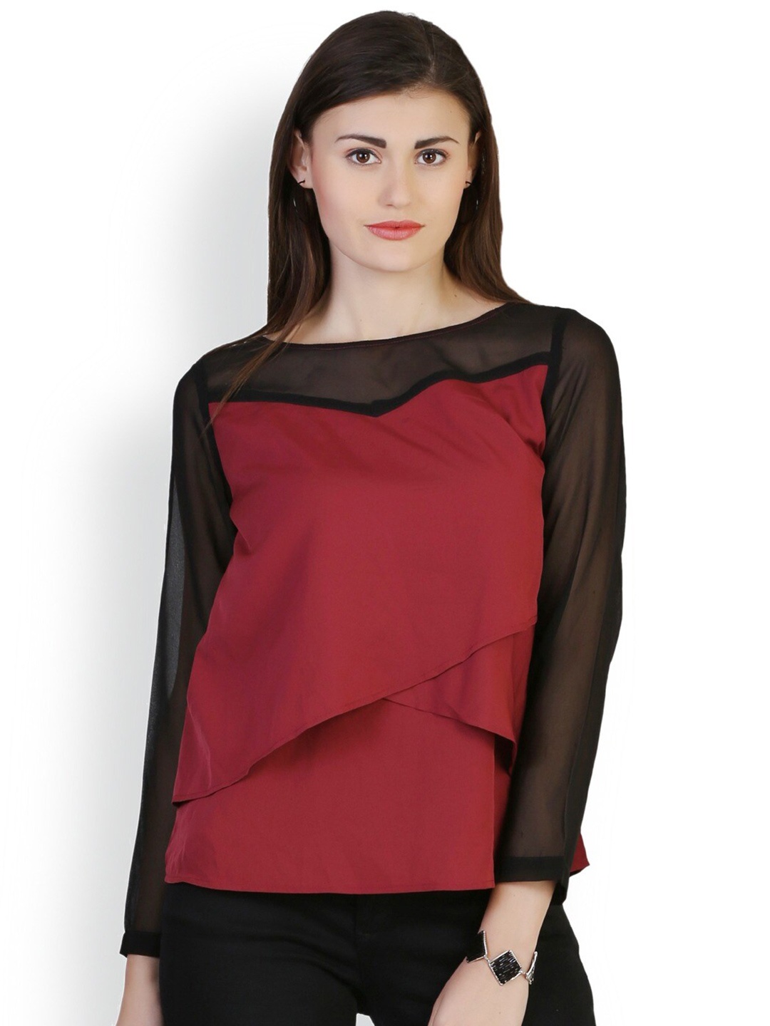 

BAESD Colourblocked Round Neck Regular Top, Maroon