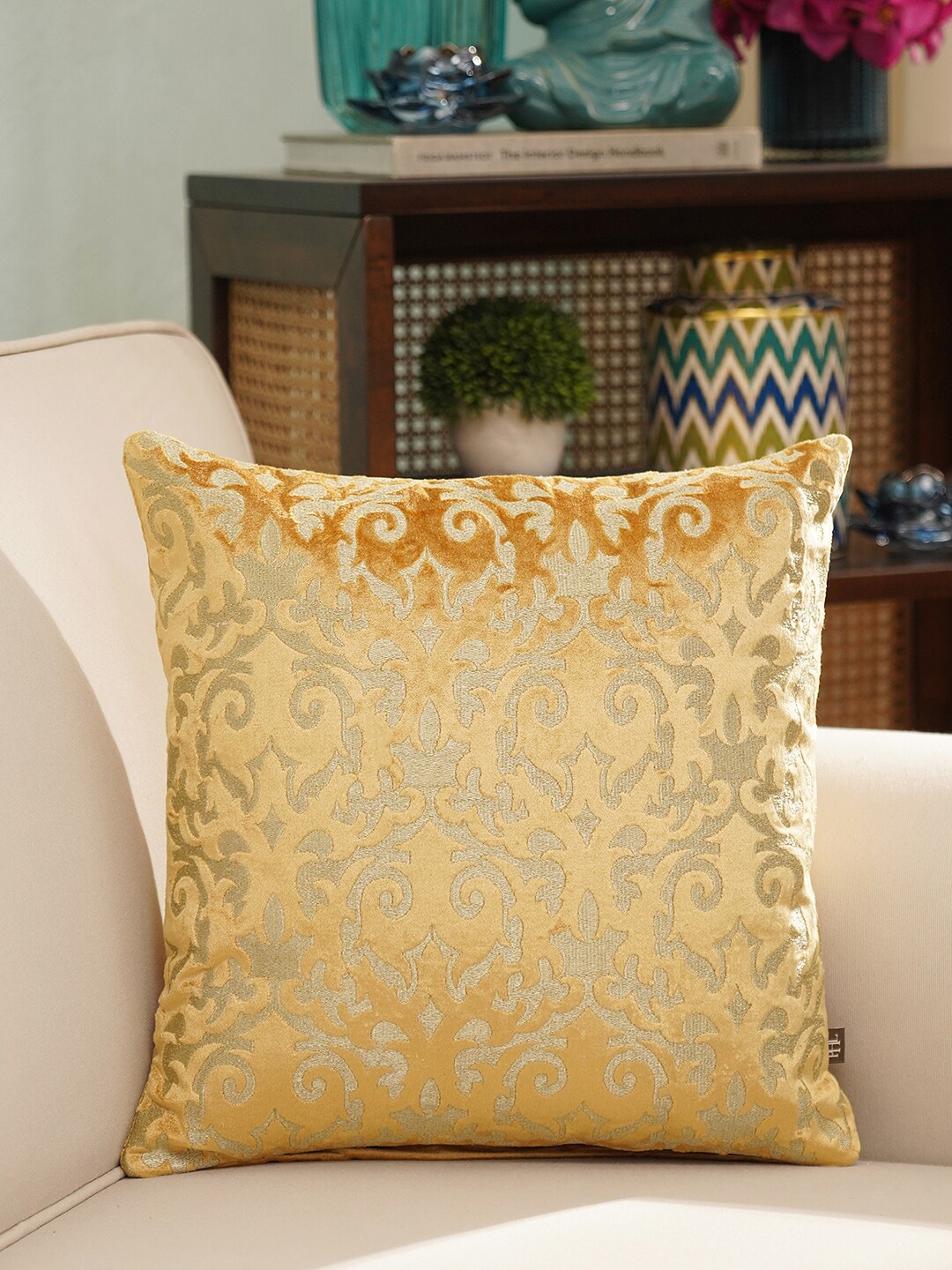 

Pure Home and Living Gold-Toned Embroidered Square Cushion Cover