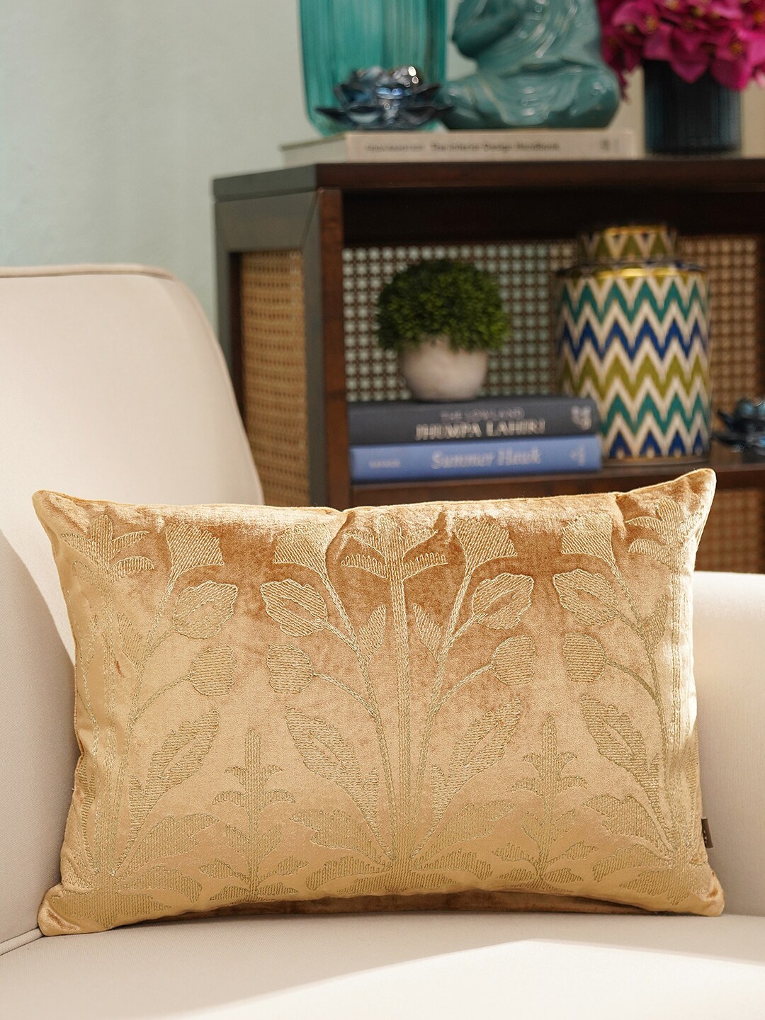 

Pure Home and Living Gold-Toned Embroidered Rectangle Cushion Cover