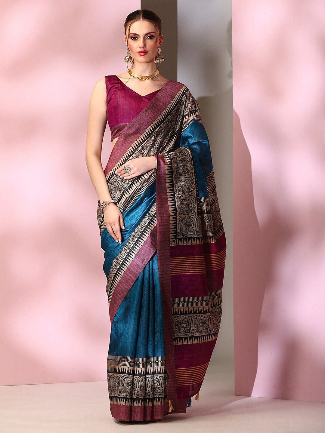 

Mitera Blue Ethnic Motifs Printed Silk Blend Designer Bagru Saree