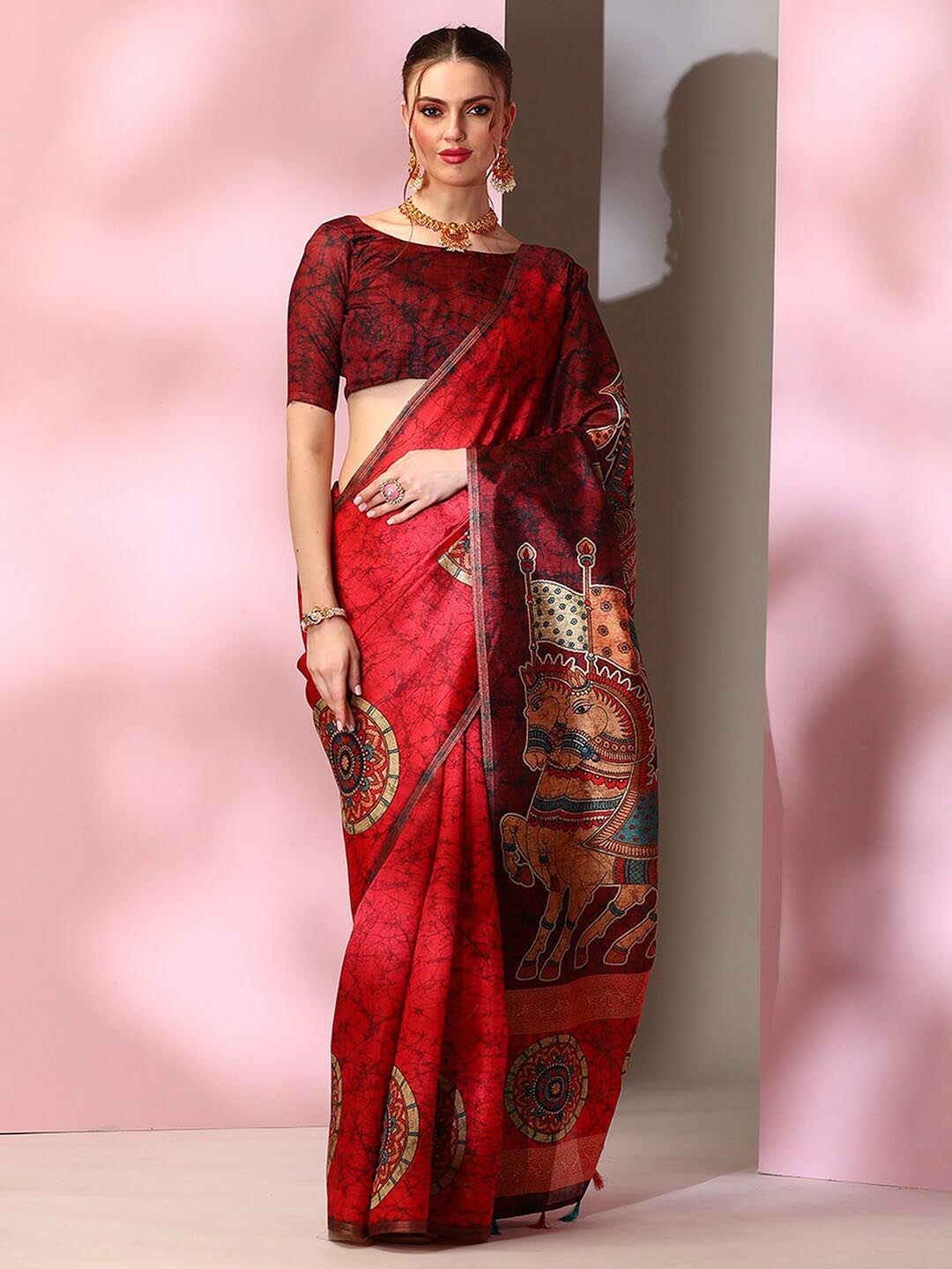 

Mitera Kalamkari Printed Bagru Saree, Red