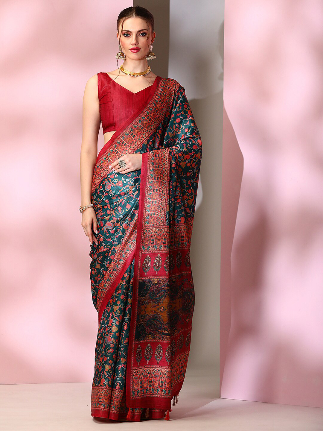 

Mitera Teal Blue Ethnic Motifs Printed Saree
