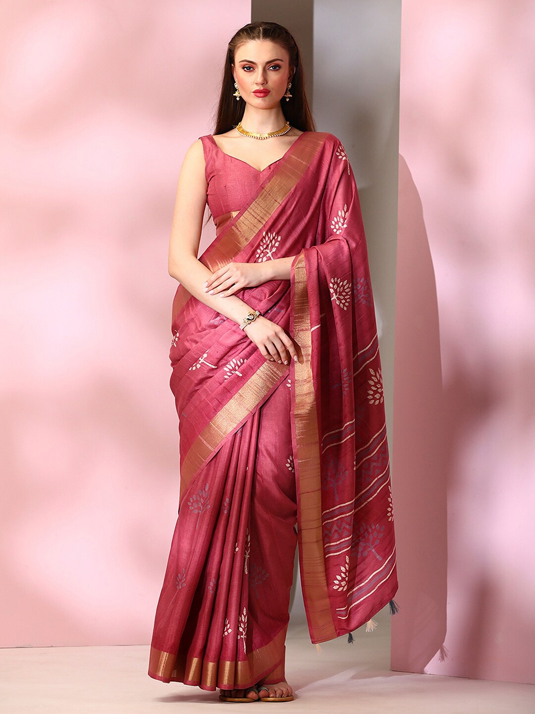 

Mitera Pink Ethnic Motifs Bagh Zari Silk Blend Designer Dabu Saree