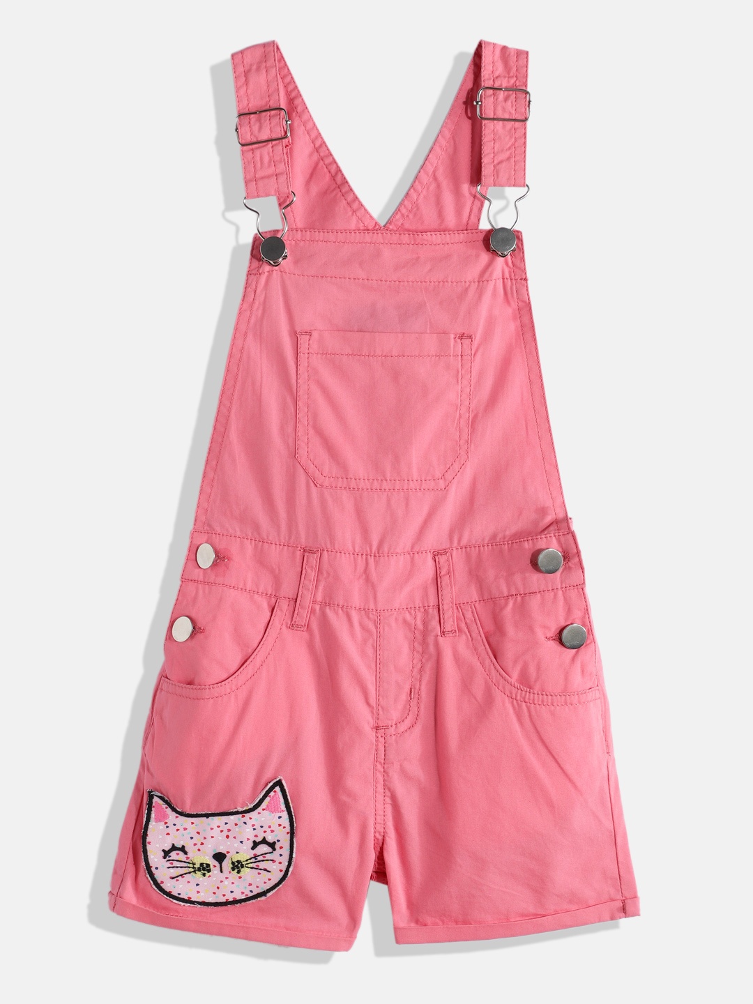 

HERE&NOW Girls Conversational Printed Applique Short Dungarees, Pink