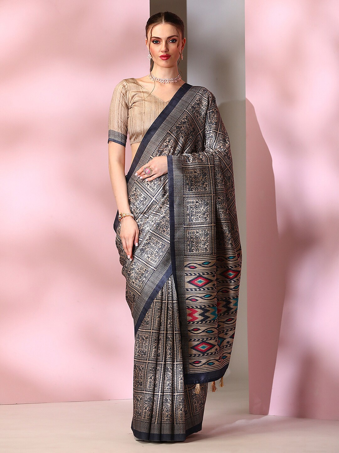 

Mitera Beige & Navy Blue Warli Printed Bagru Saree