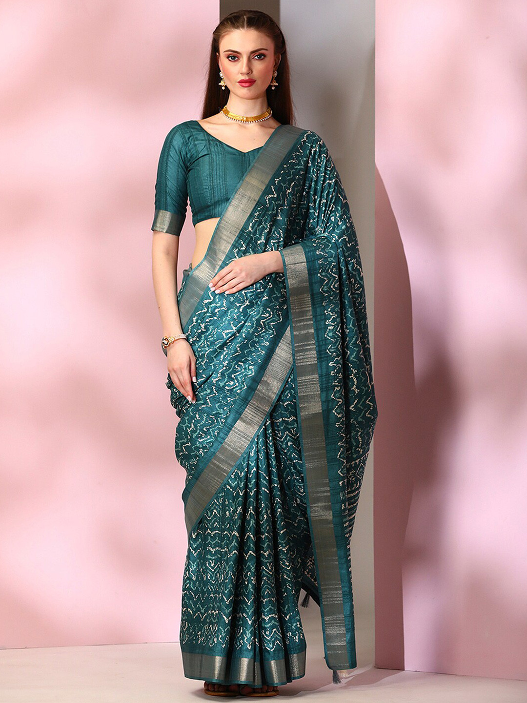 

Mitera Teal Blue Abstract Printed Dabu Saree