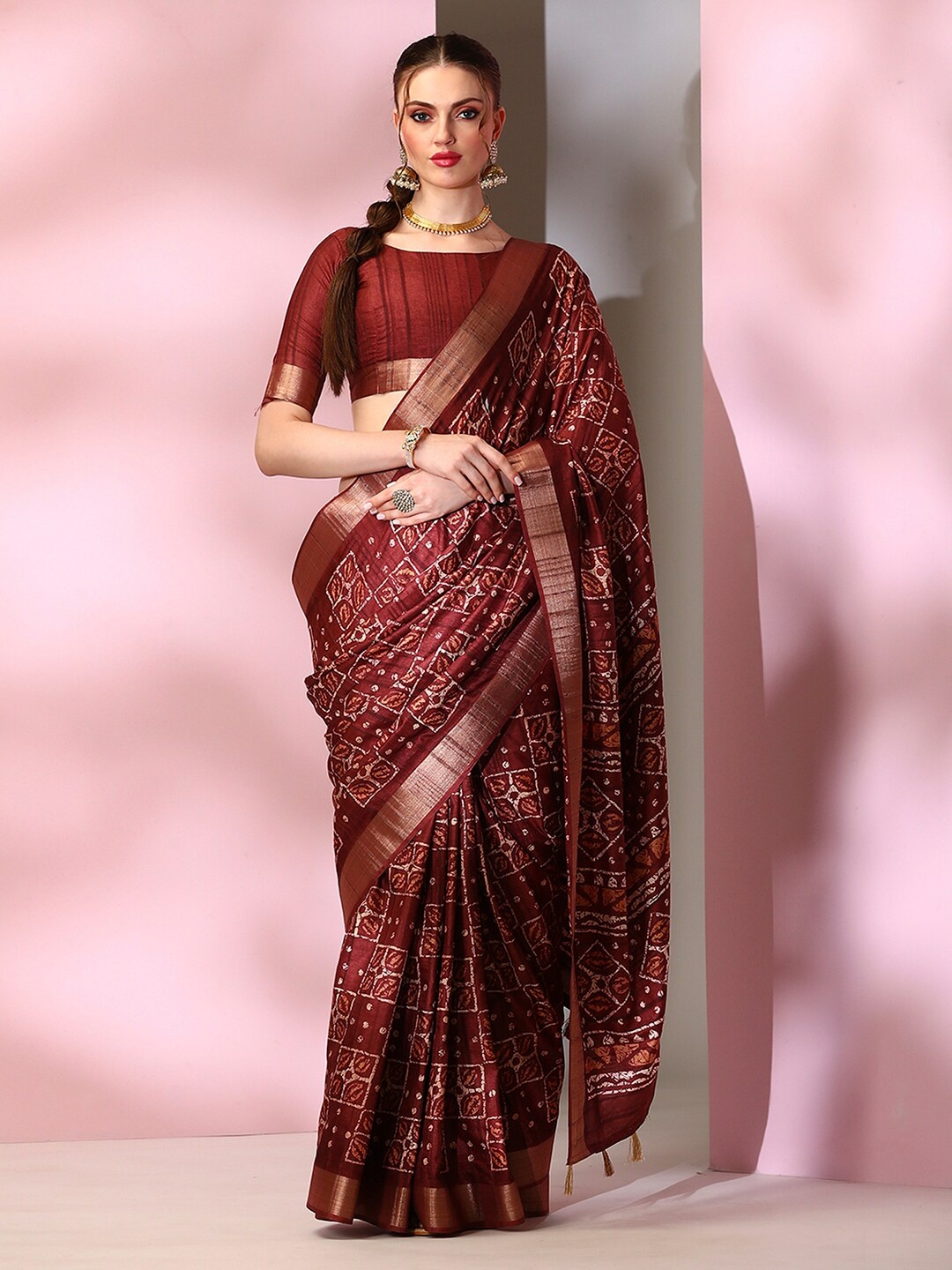 

Mitera Maroon Ethnic Motifs Printed Bagru Saree
