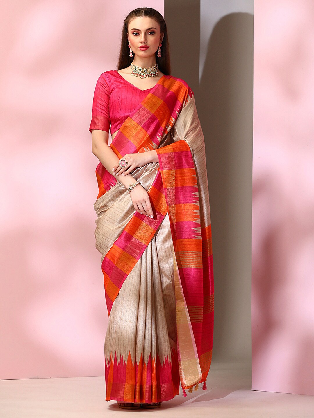 

Mitera Beige & Pink Striped Bomkai silk Saree