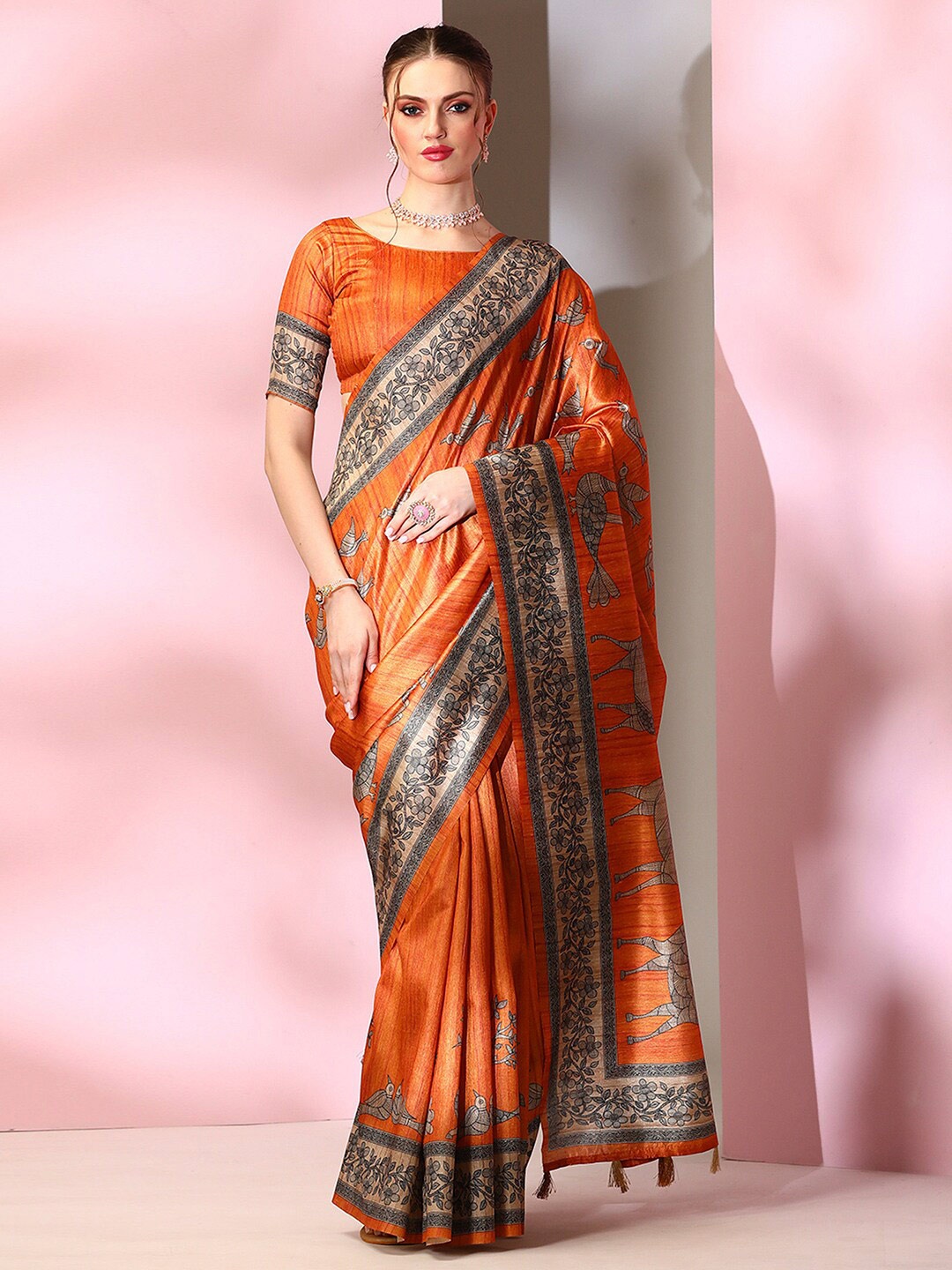 

Mitera Orange Ethnic Motifs Printed Saree