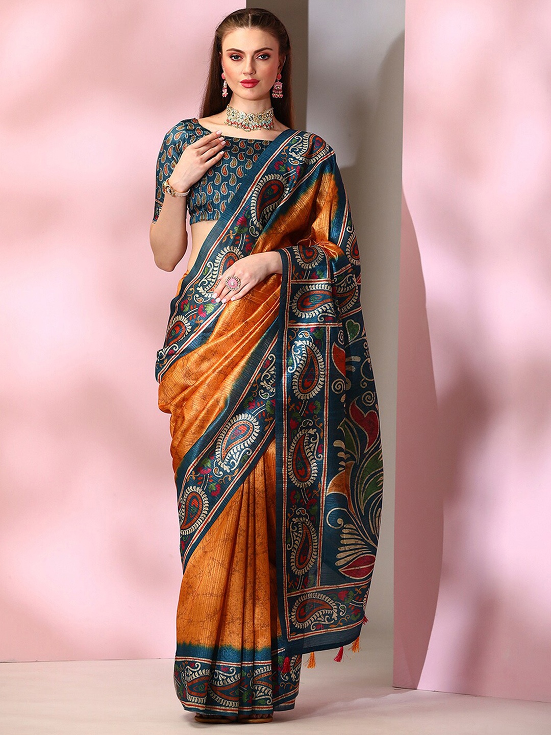 

Mitera Mustard Ethnic Motifs Printed Dabu Saree
