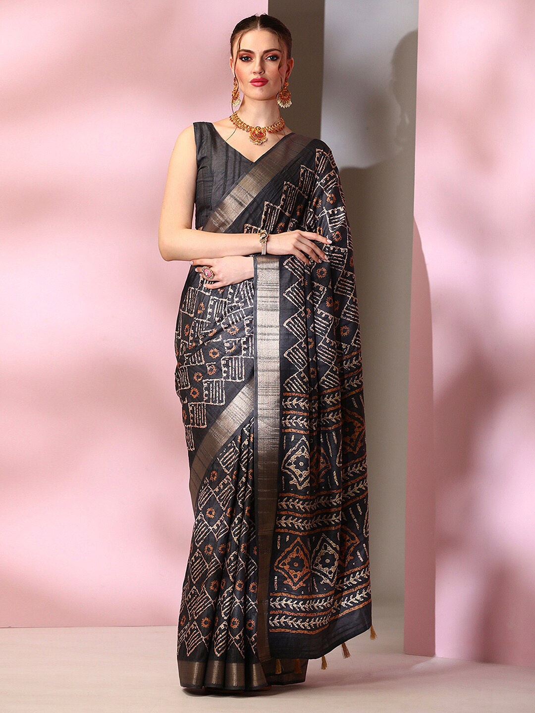 

Mitera Black Geometric Printed Zari Silk Blend Designer Dabu Saree