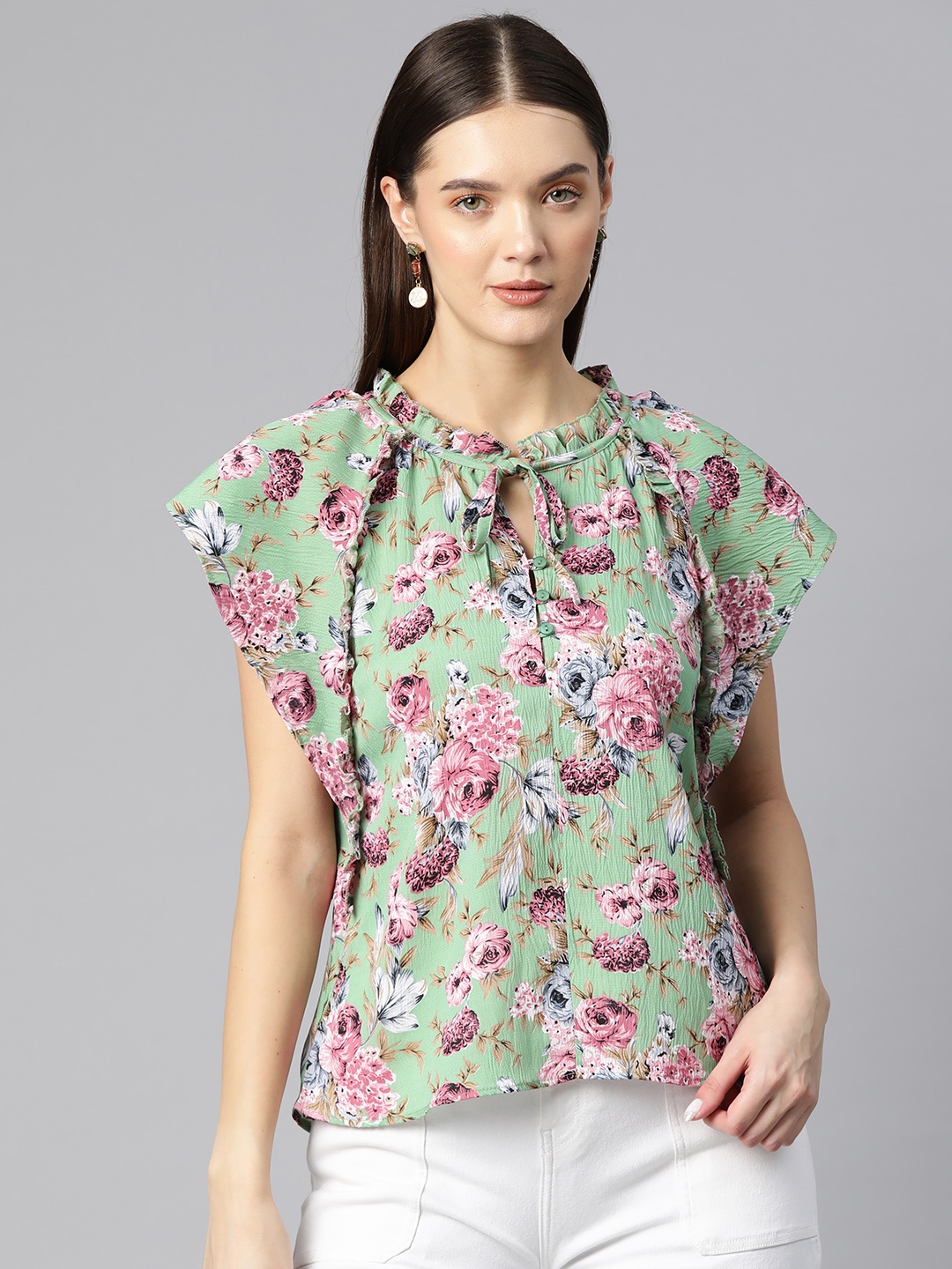 

Ives Floral Print Tie-Up Neck Flared Sleeves Ruffles Crepe Top, Green