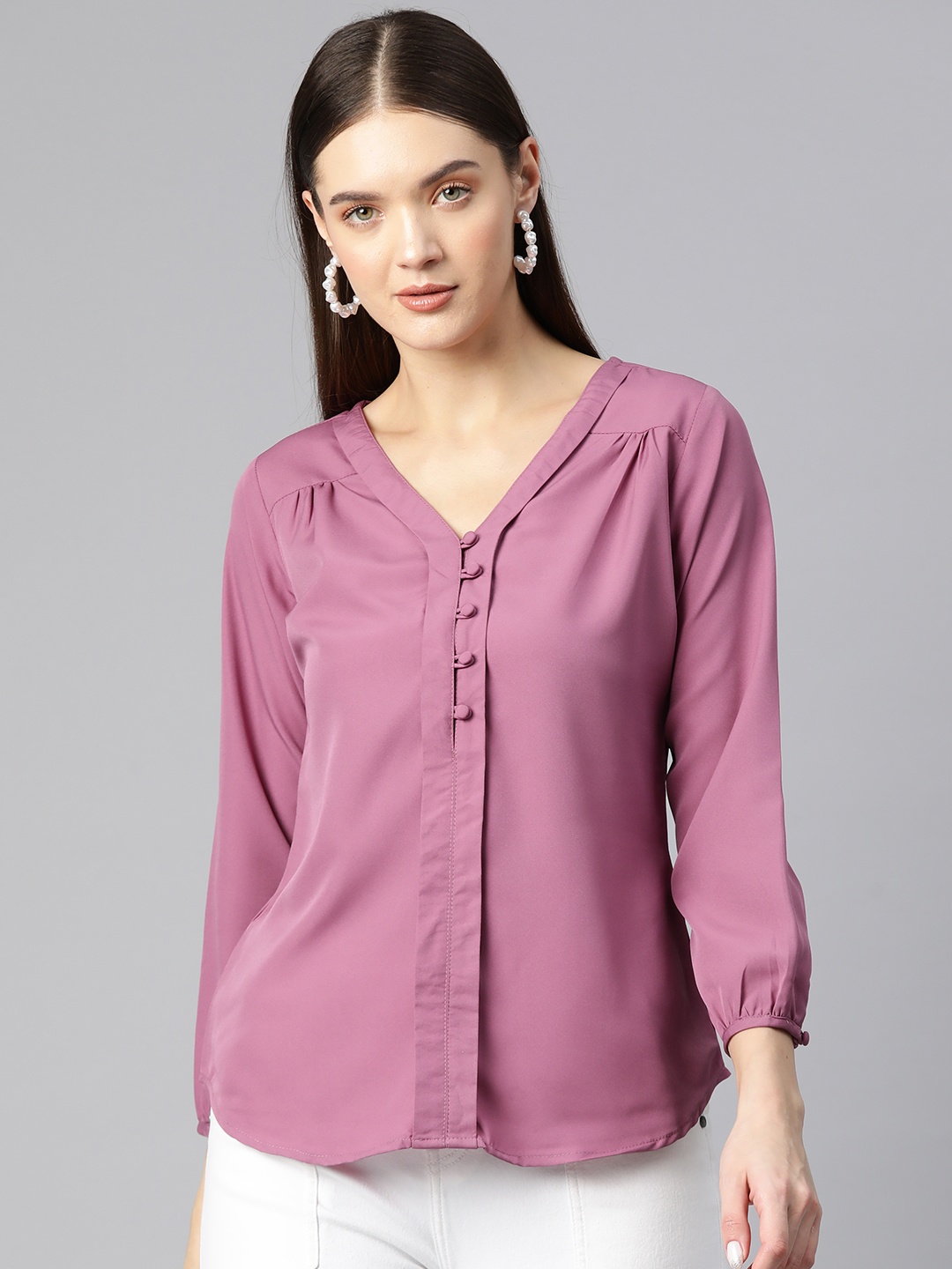 

Ives Puff Sleeves Crepe Shirt Style Top, Pink