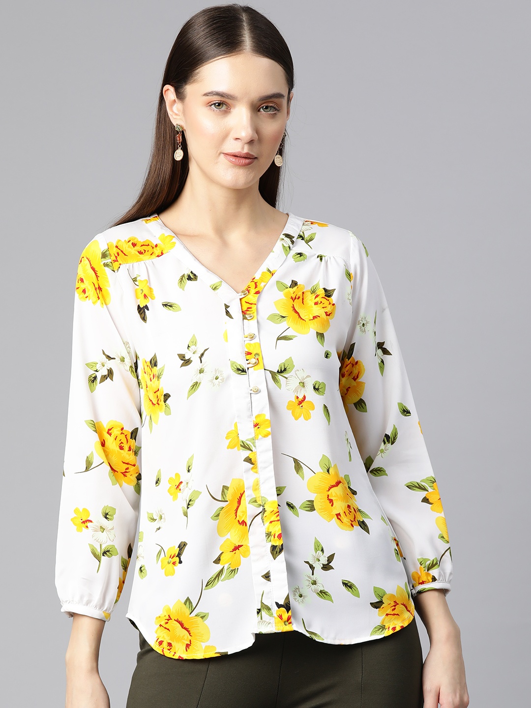 

Ives Floral Print Puff Sleeves Crepe Shirt Style Top, White