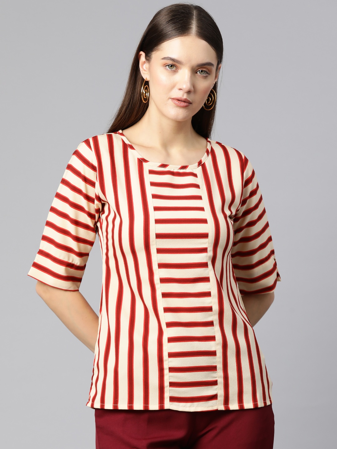 

Ives Striped Crepe Top, Beige