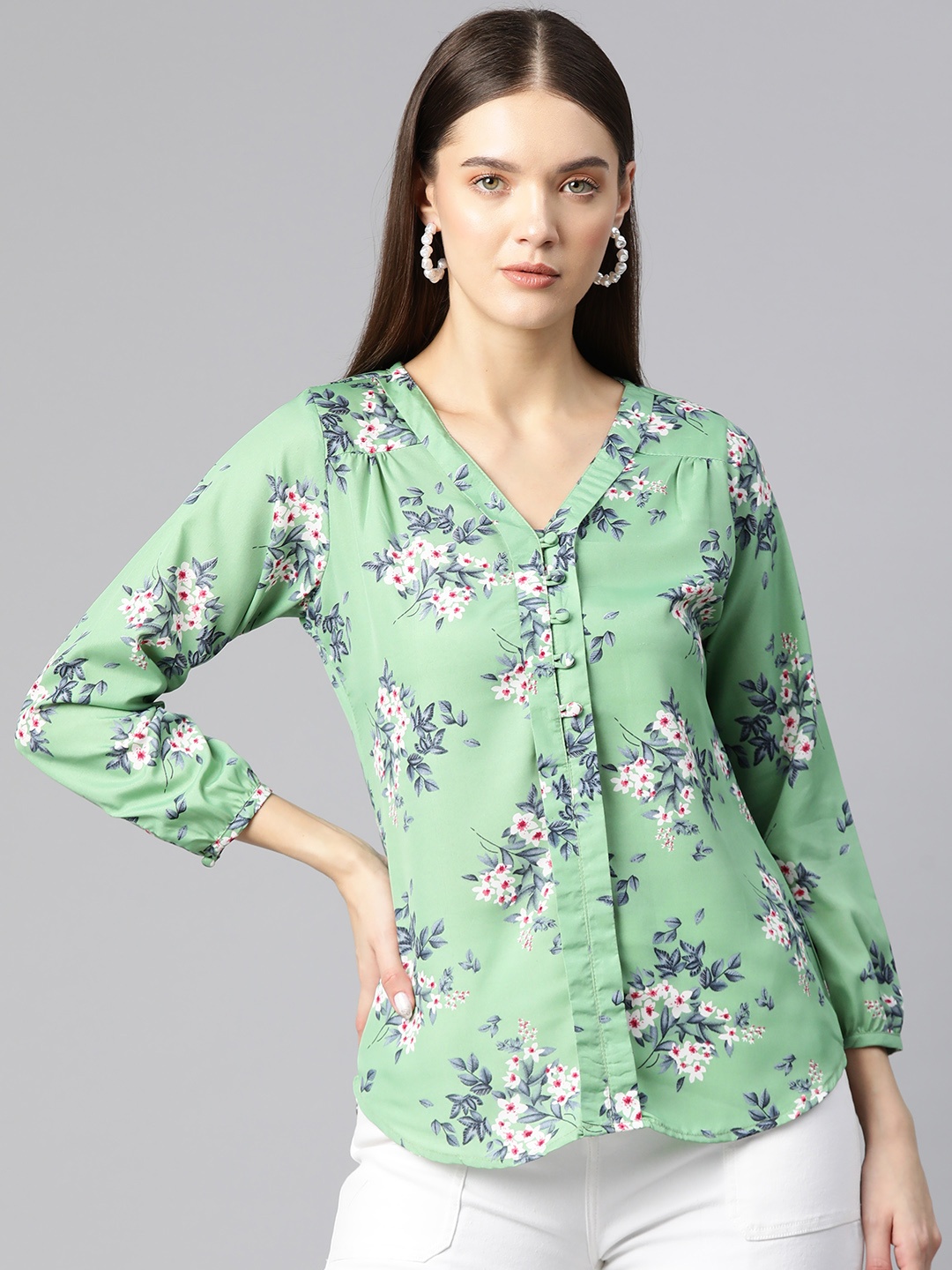 

Ives Floral Print Puff Sleeves Crepe Shirt Style Top, Green