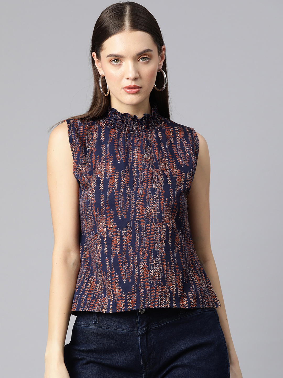 

Ives Floral Print High Neck Crepe Top, Navy blue