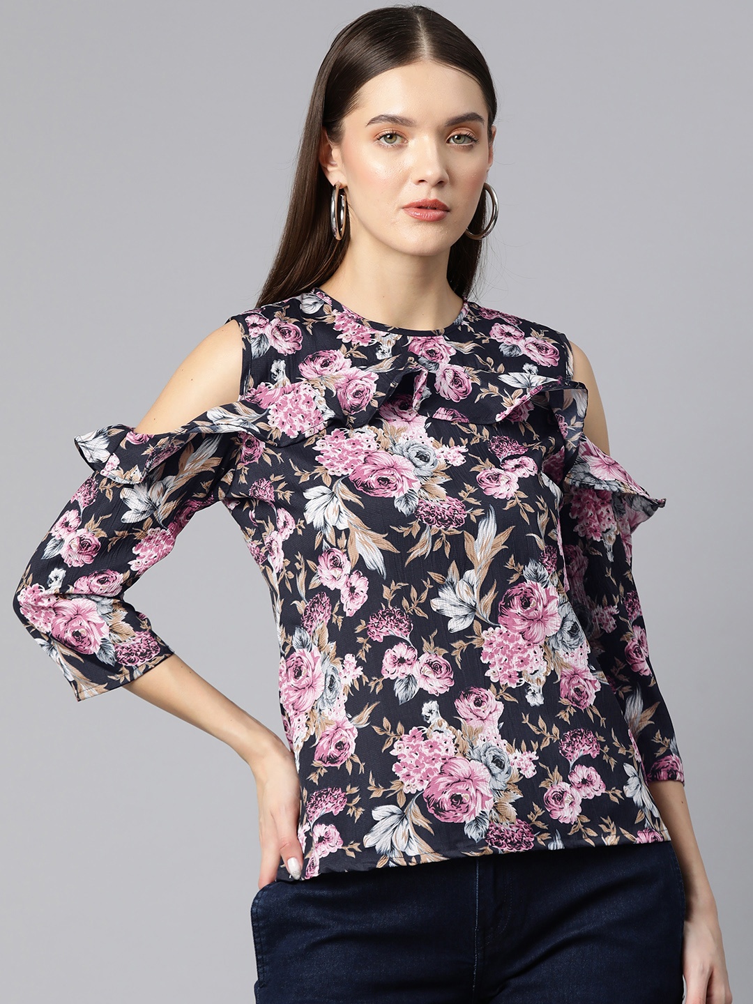

Ives Floral Print Cold-Shoulder Ruffles Crepe Top, Navy blue