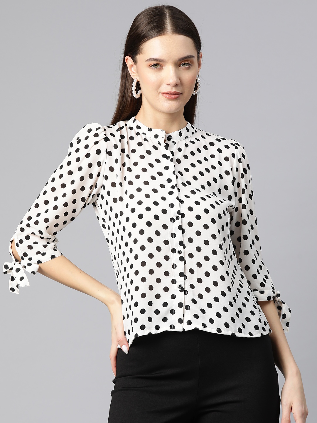 

Ives Polka Dot Print Mandarin Collar Crepe Shirt Style Top, White