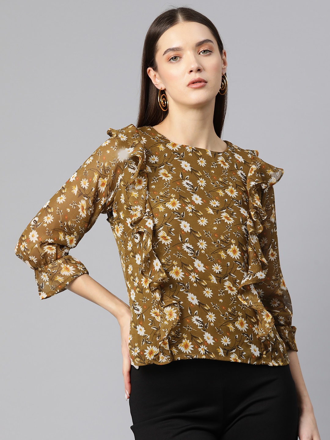

Ives Floral Print Bell Sleeves Ruffles Georgette Top, Olive