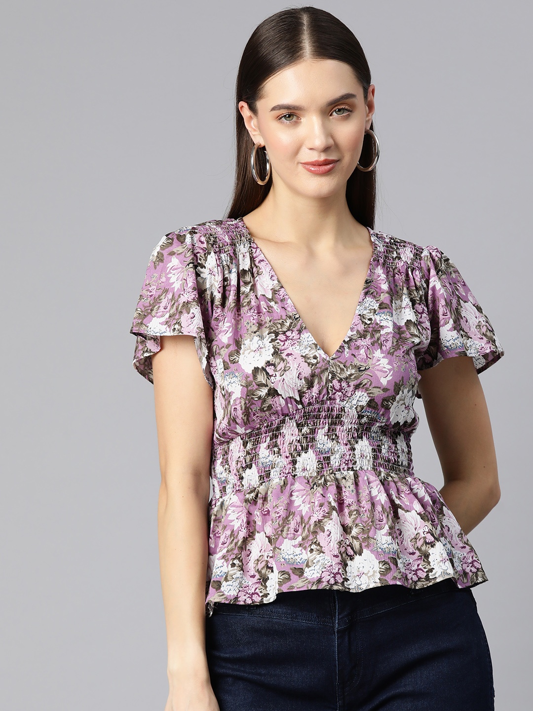 

Ives Floral Print Flared Sleeves Smocked Crepe Peplum Top, Purple