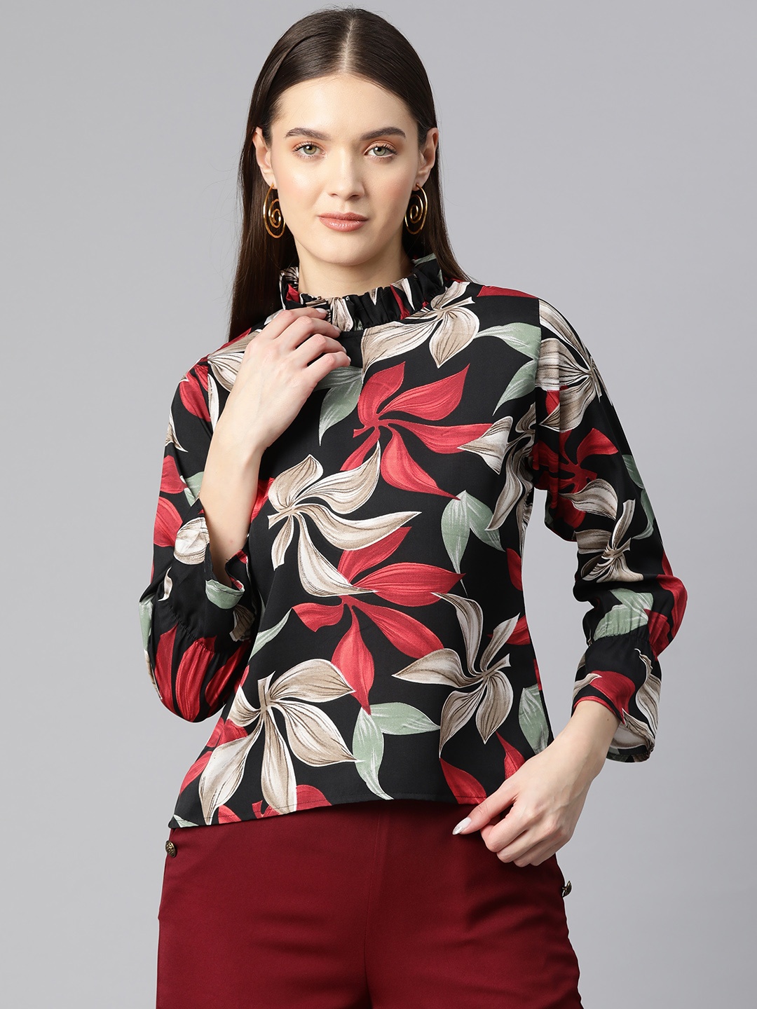 

Ives Floral Print Bell Sleeves High Neck Crepe Top, Black