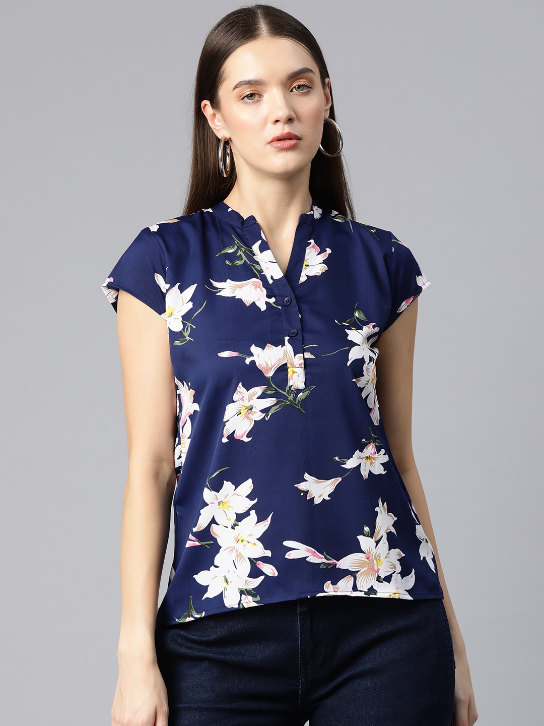 

Ives Navy Floral Print Mandarin Collar Crepe Top, Navy blue