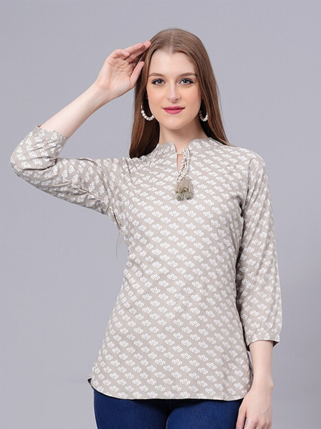 

JC4U Ethnic Motifs Printed Mandarin Collar Top, Grey