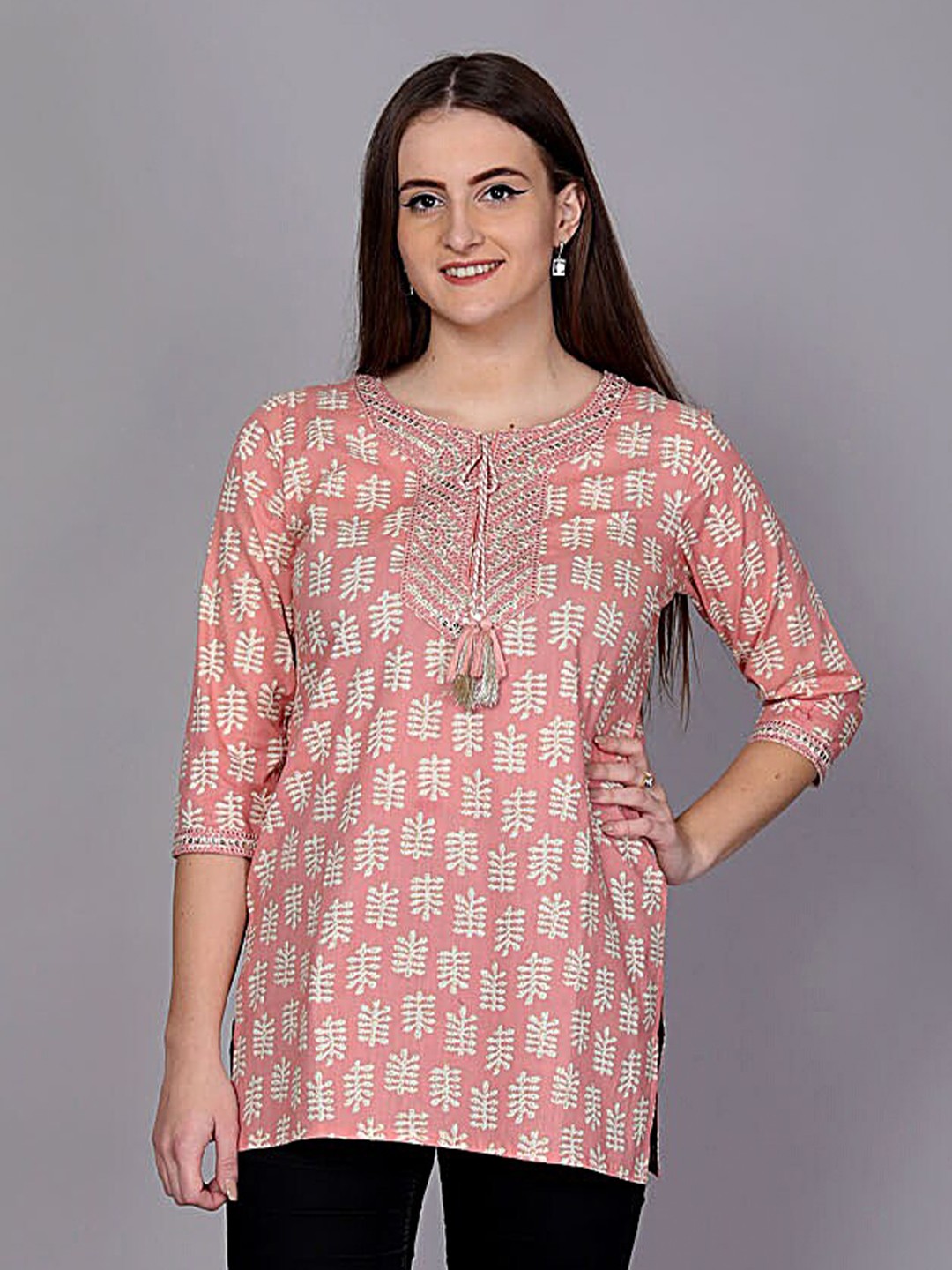 

JC4U Ethnic Motifs Printed Tie-Up Neck Pure Cotton Top, Peach