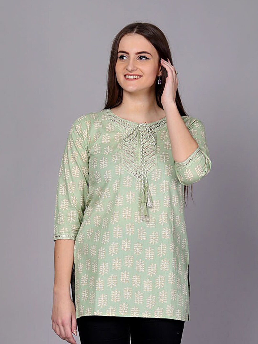 

JC4U Ethnic Motifs Printed Tie-Up Neck Pure Cotton Top, Green