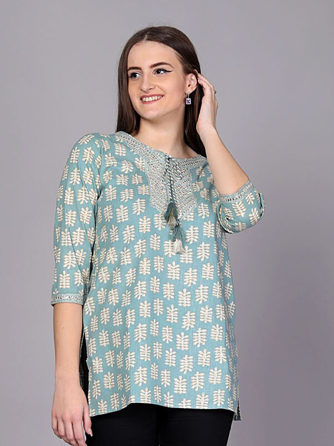 

JC4U Ethnic Motifs Printed Tie-Up Neck Pure Cotton Top, Blue