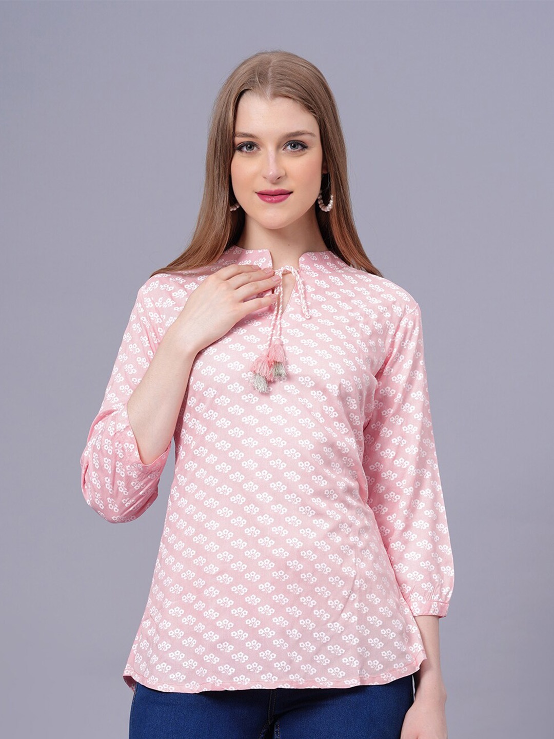 

JC4U Floral Printed Tie-Up Neck Cuffed Sleeves A-Line Top, Pink