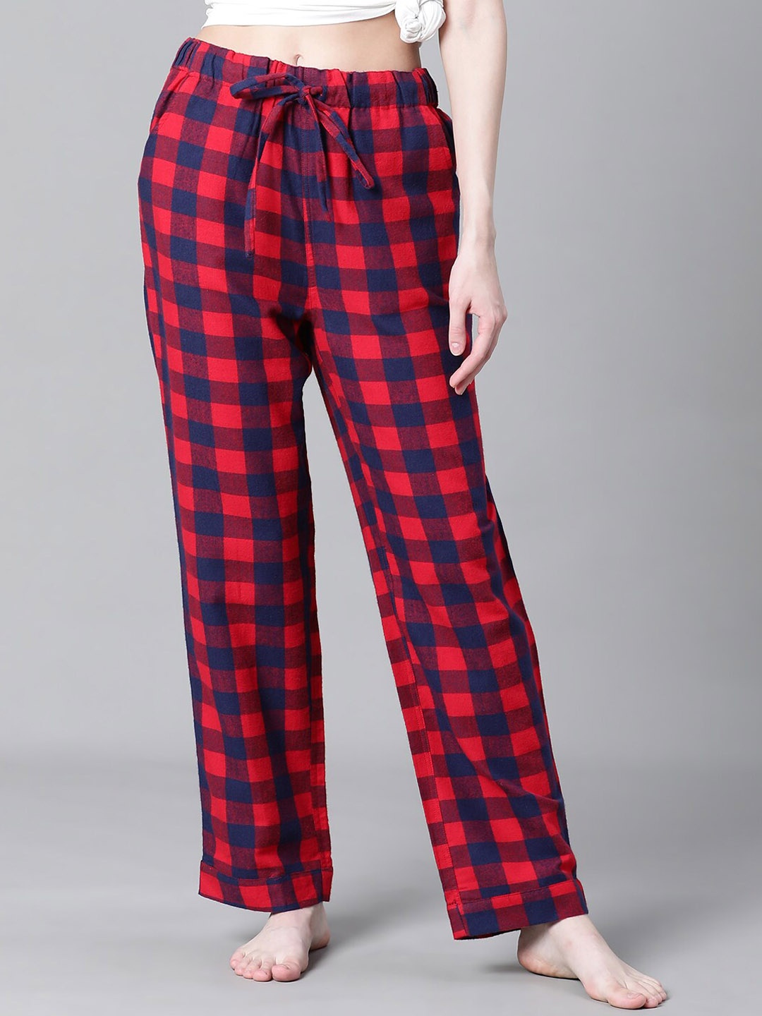 

Oxolloxo Checked Printed Cotton Lounge Pants, Red