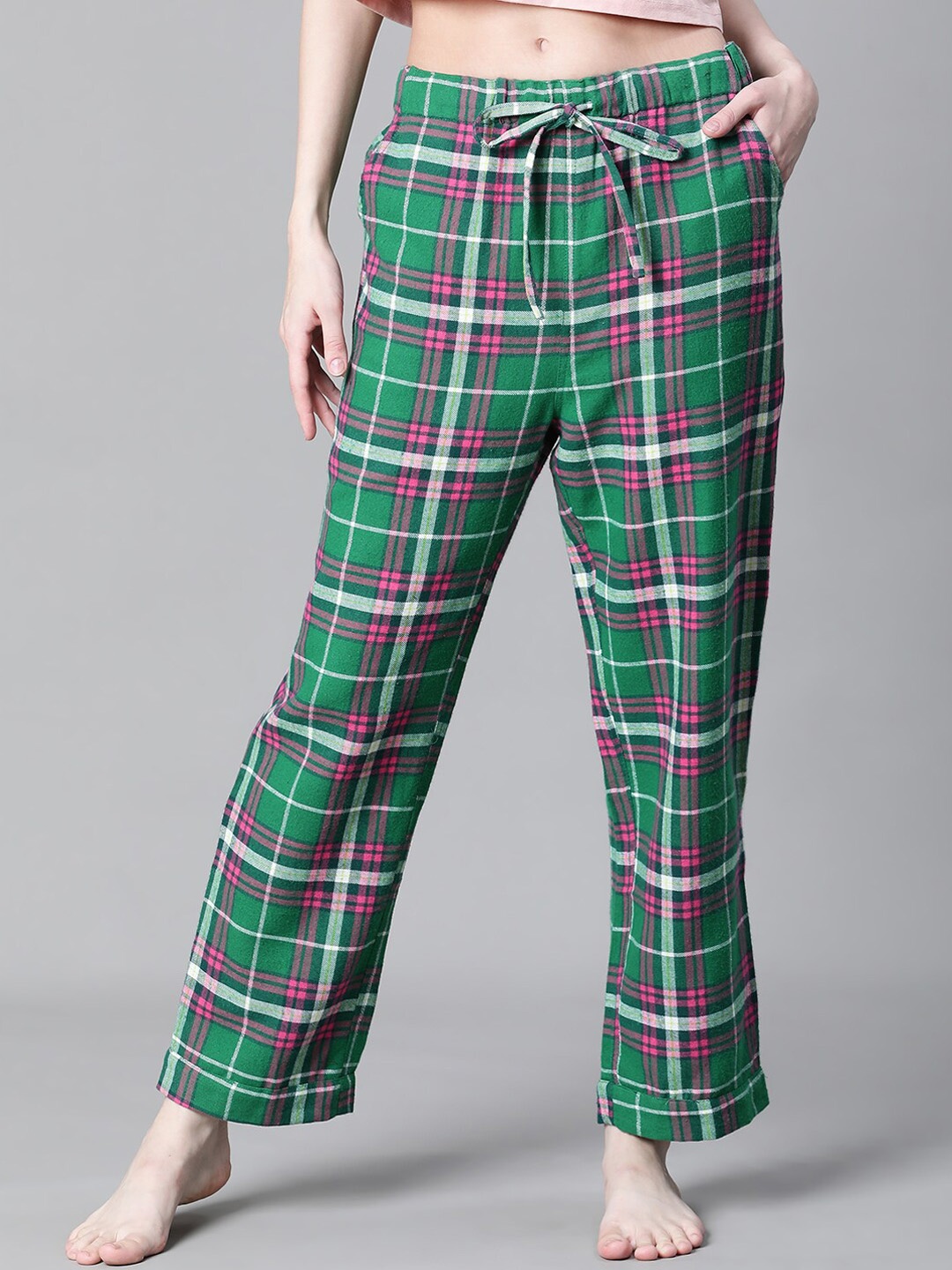 

Oxolloxo Women Checked Printed Cotton Lounge Pants, Green