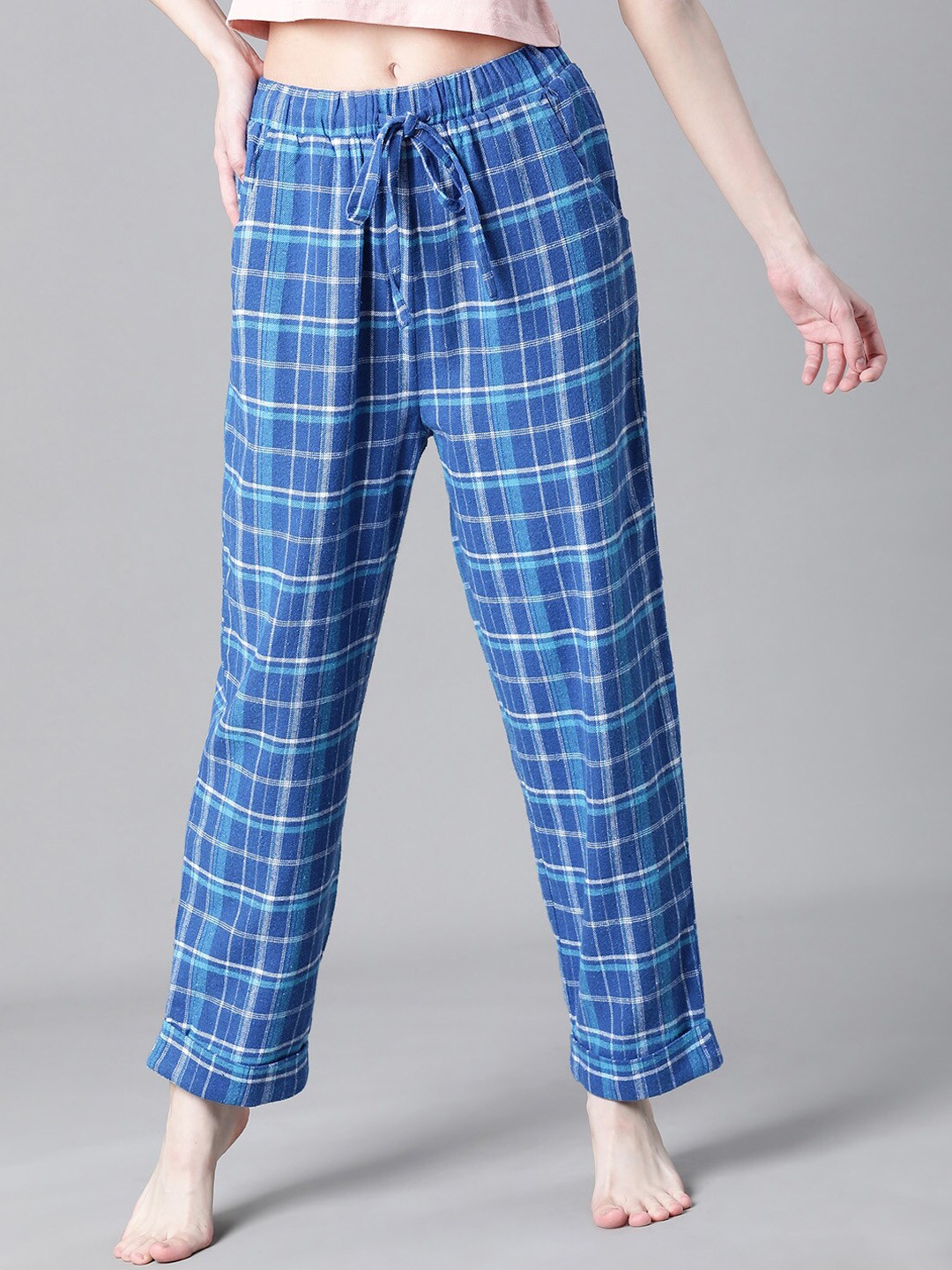 

Oxolloxo Women Checked Cotton Lounge Pants, Blue