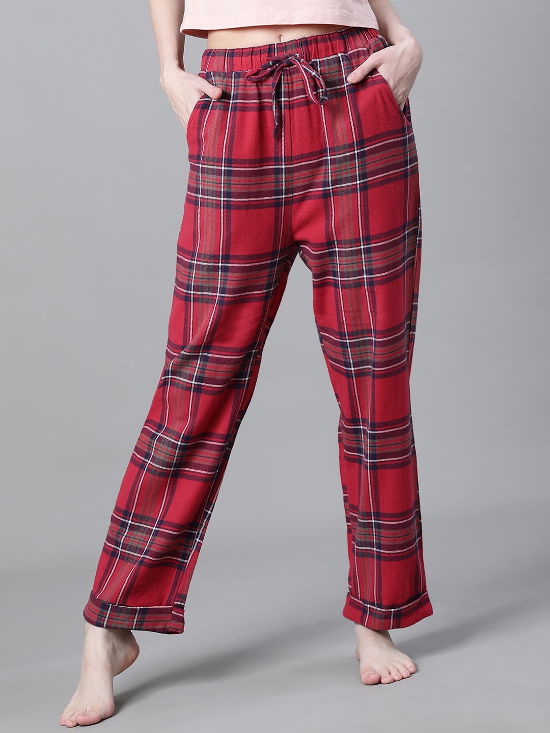 

Oxolloxo Women Checked Cotton Lounge Pants, Red