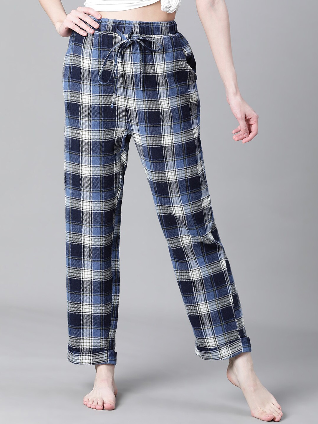 

Oxolloxo Women Checked Cotton Lounge Pants, Blue