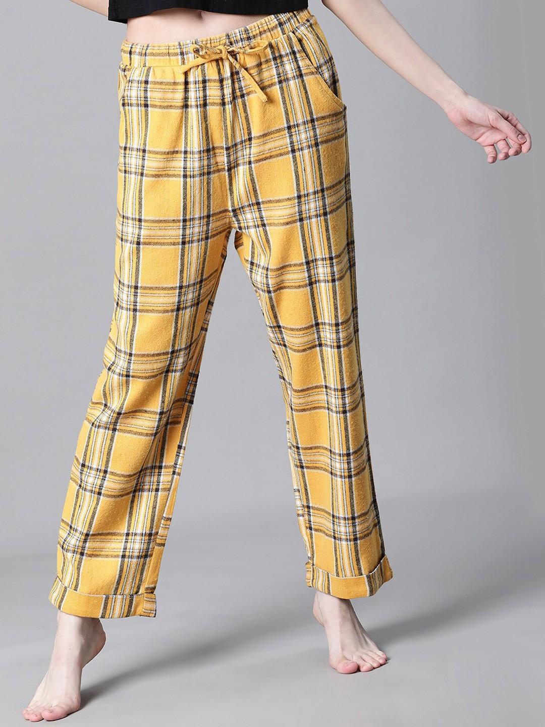 

Oxolloxo Women Checked Cotton Lounge Pants, Yellow