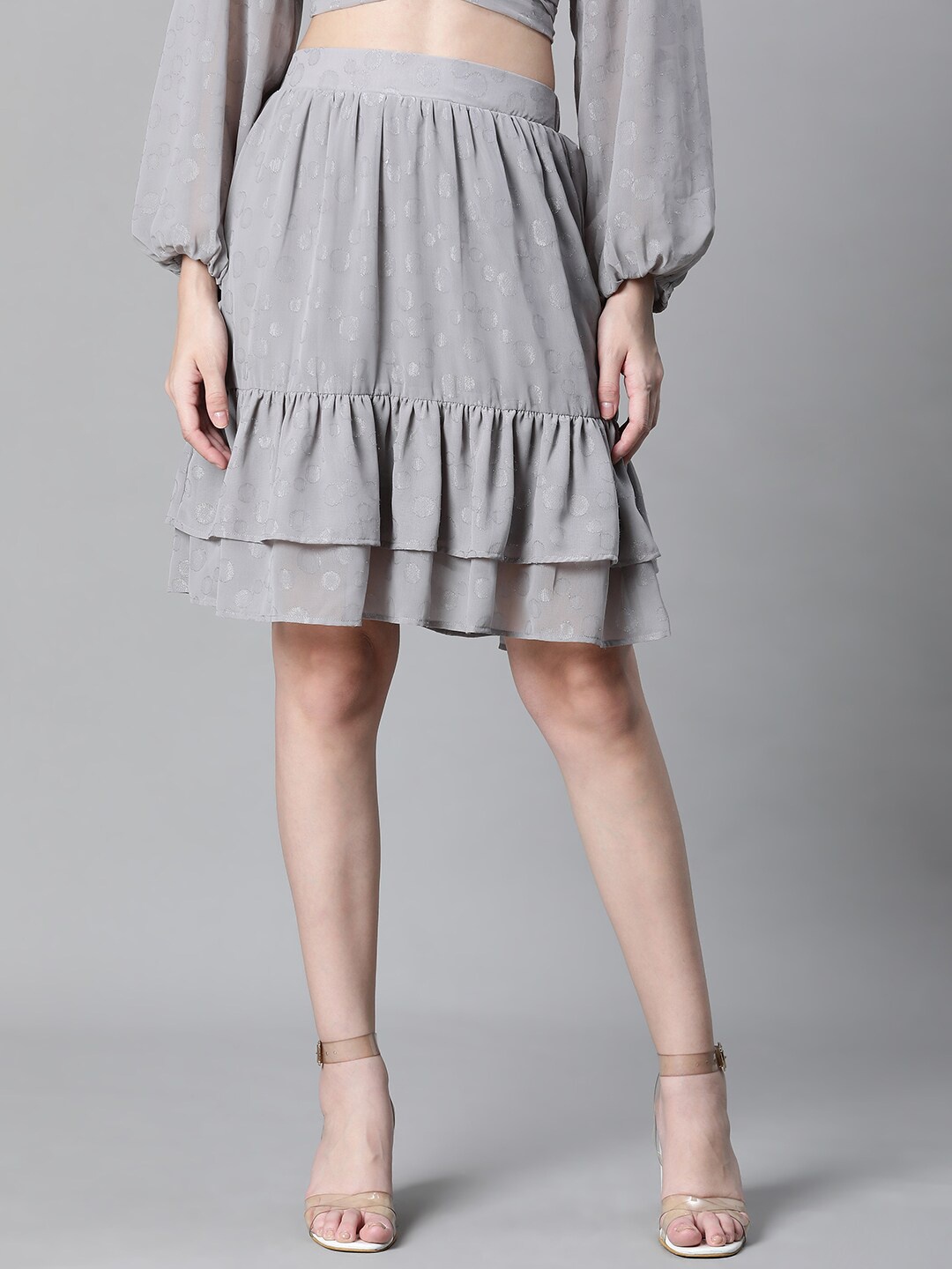 

Oxolloxo Self Design Above Knee Length Tiered Skirt, Grey