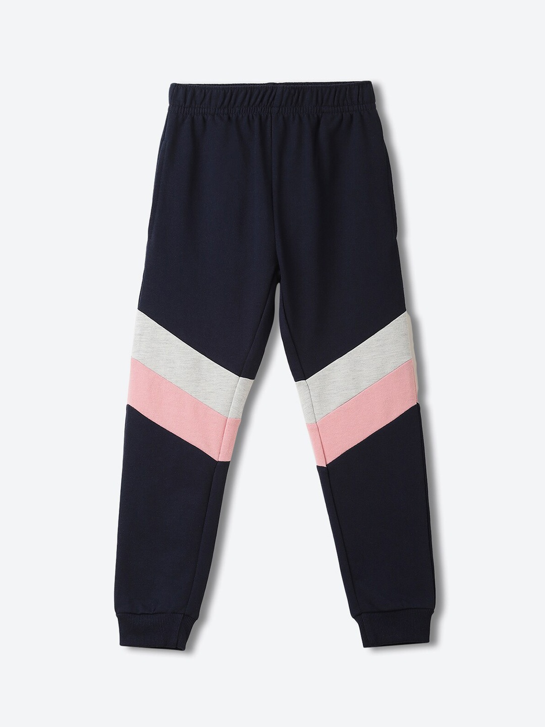 

2Bme Girls Colourblocked Mid-Rise Cotton Joggers, Navy blue