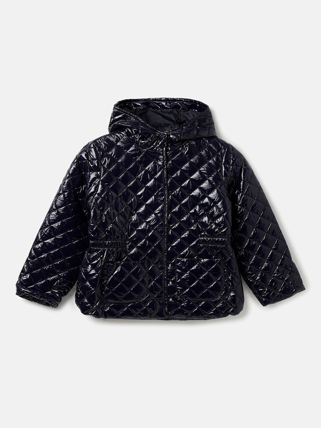 

United Colors of Benetton Girls Geometric Self Design Hooded Quilted Jacket, Black