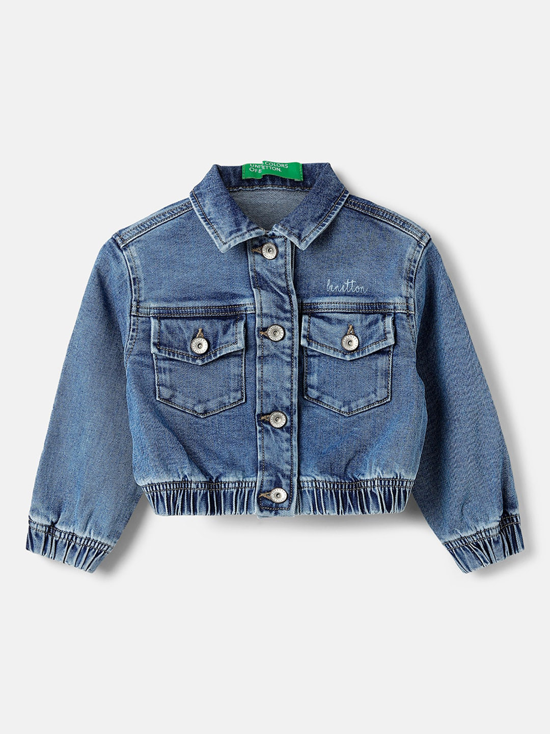 

United Colors of Benetton Girls Spread Collar Crop Denim Jacket, Blue