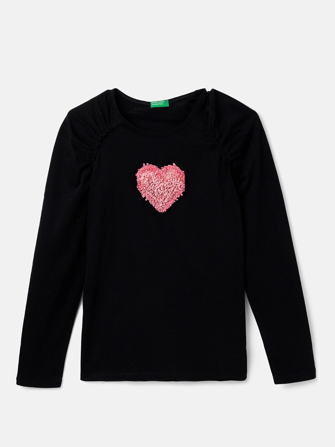 

United Colors of Benetton Girls Raglan Sleeves With Embellished Details Pure Cotton Top, Black