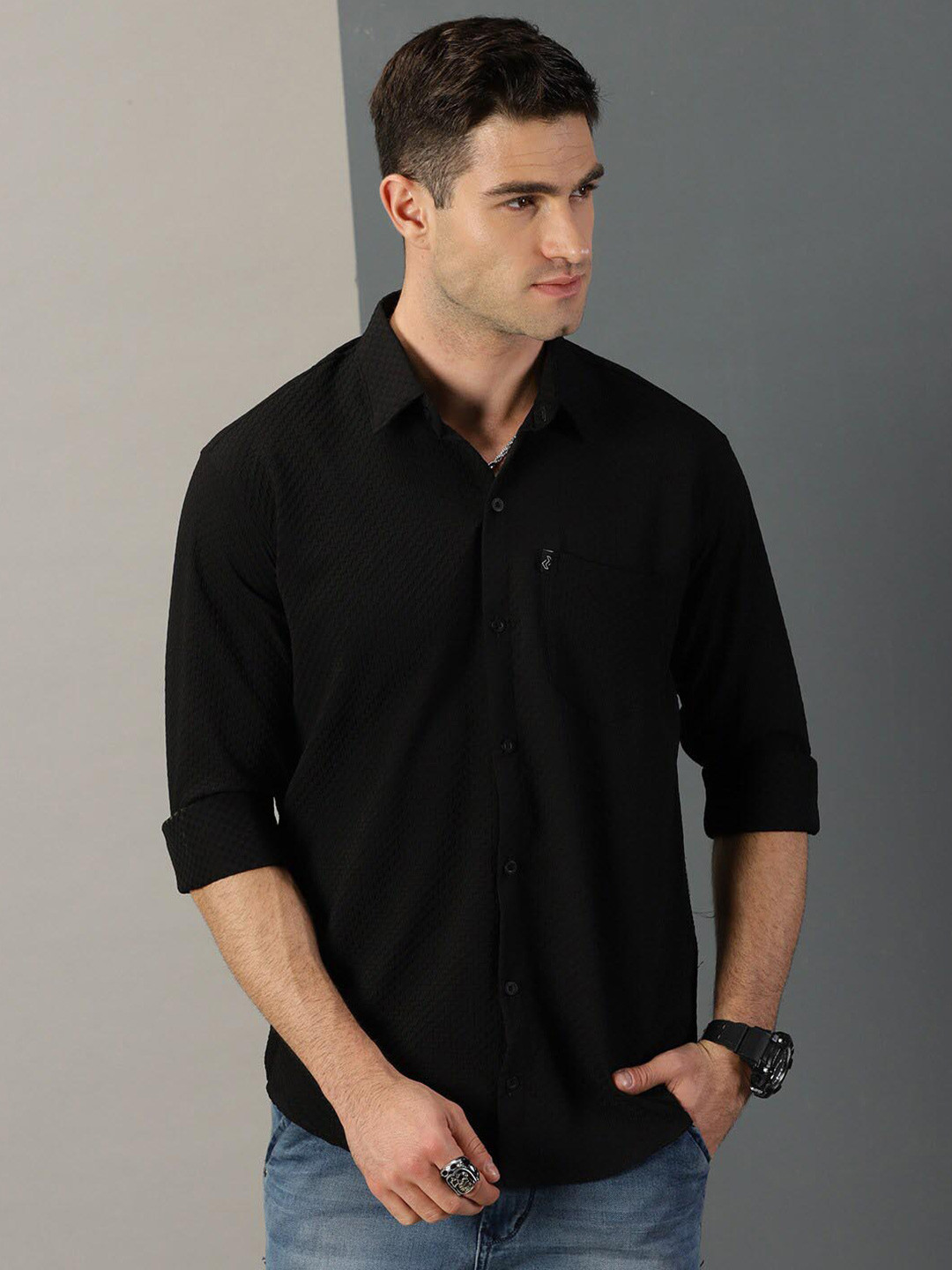 

Rodzen Classic Textured Casual Cotton Shirt, Black