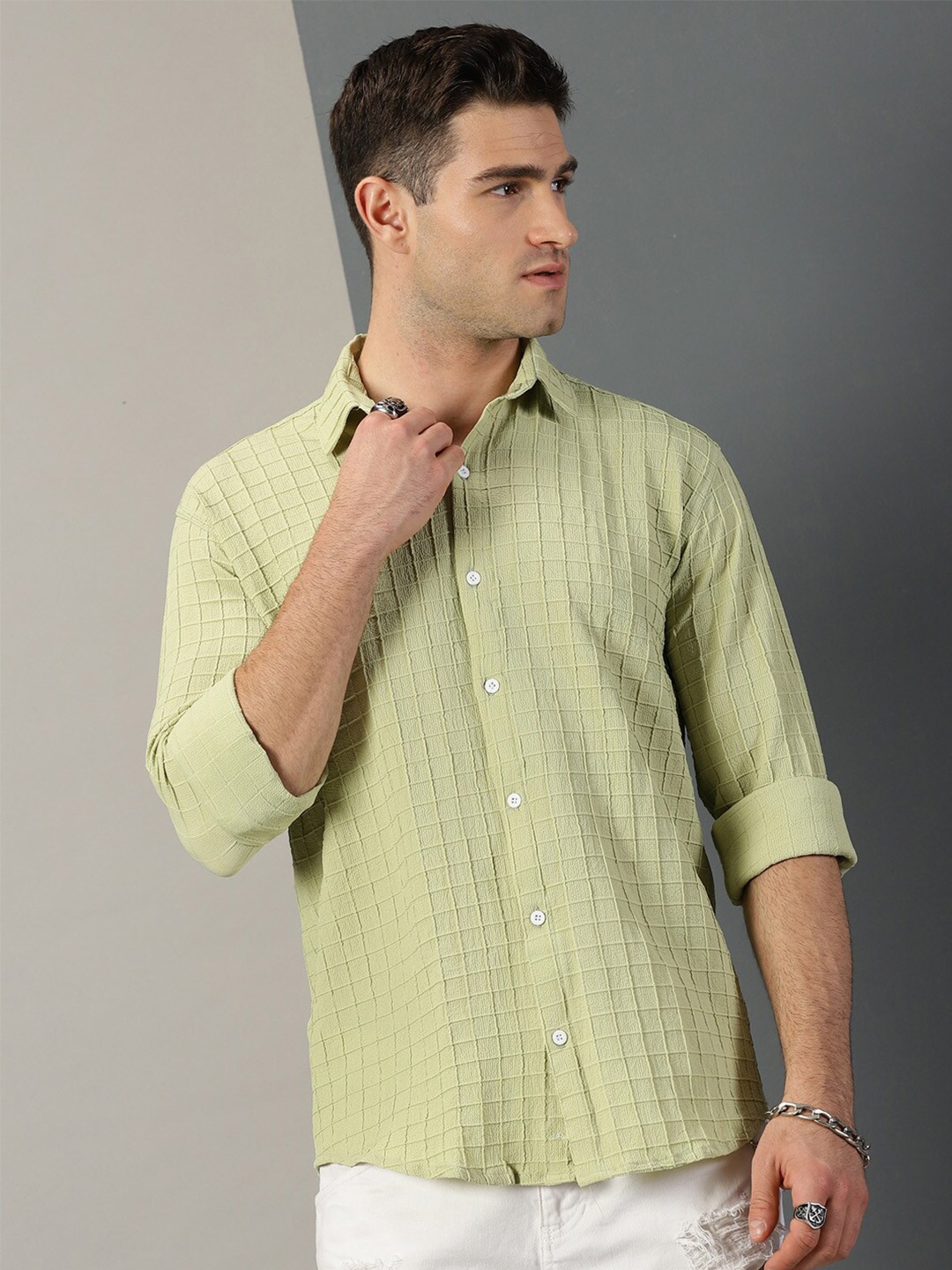 

Rodzen Self Design Classic Regular Fit Cotton Casual Shirt, Lime green